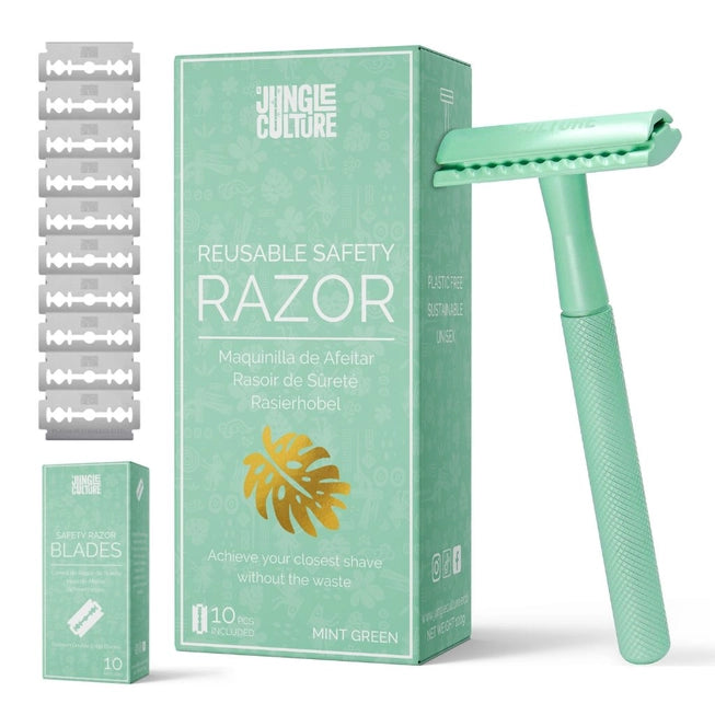 Mint Green Reusable Metal Safety Razors - Includes 10x Razor Blades