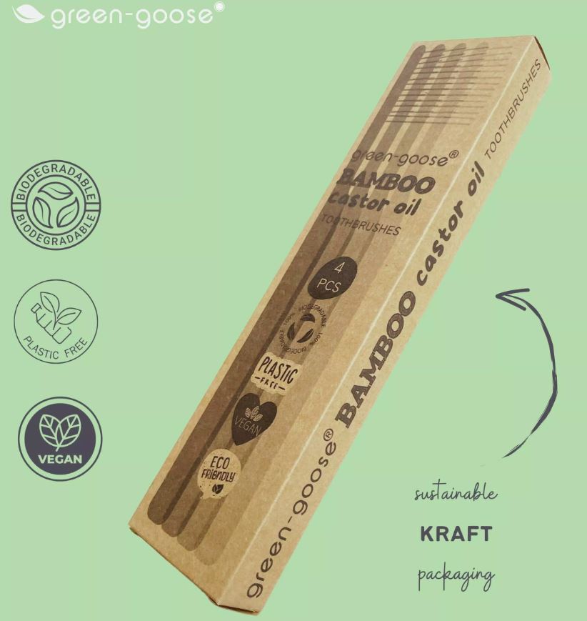 Bamboo Castor Oil Toothbrushes - Pack of 4 - 100% Biodegradable