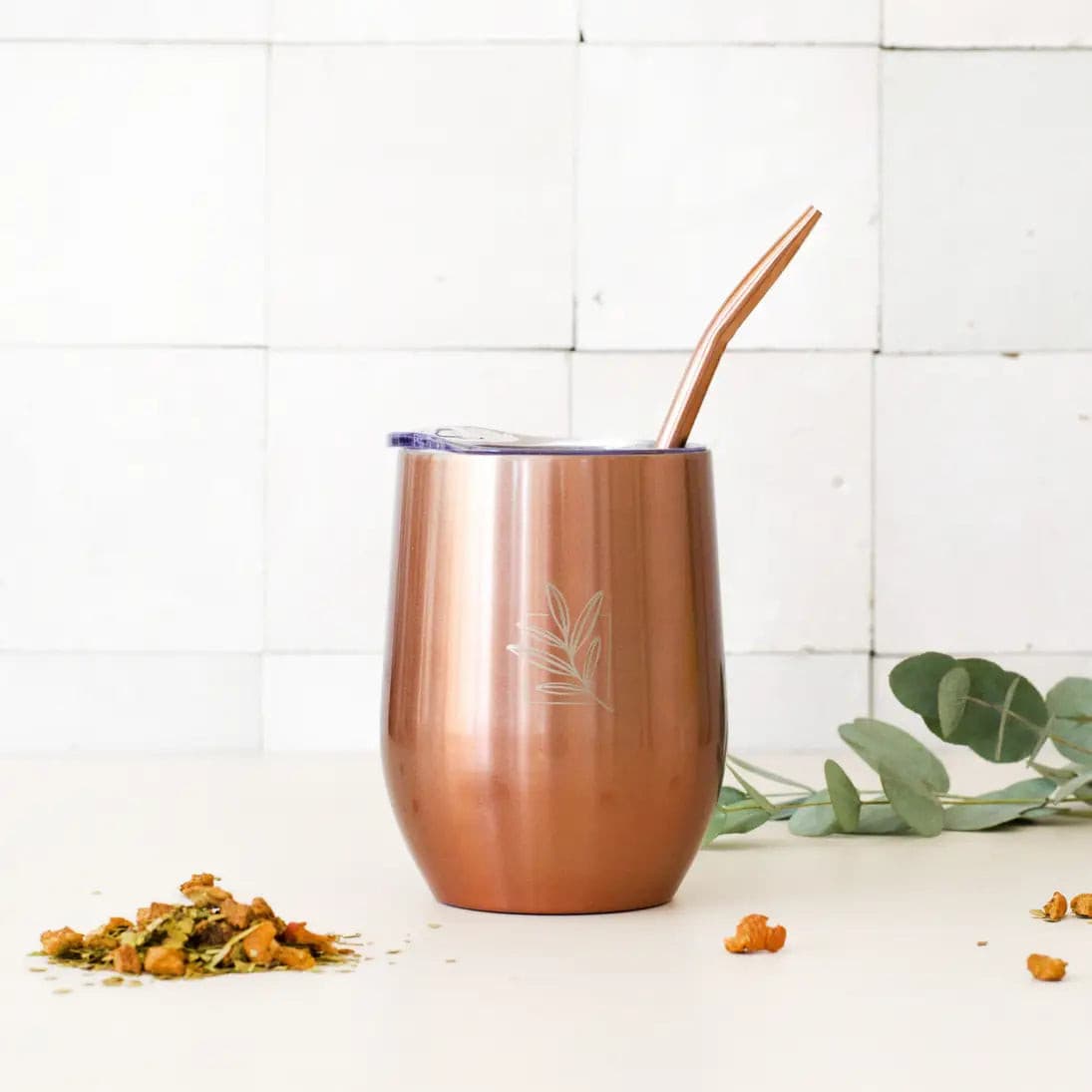 Copper Pink insulated cup and its bombilla for Mate, Tea & Coffee.