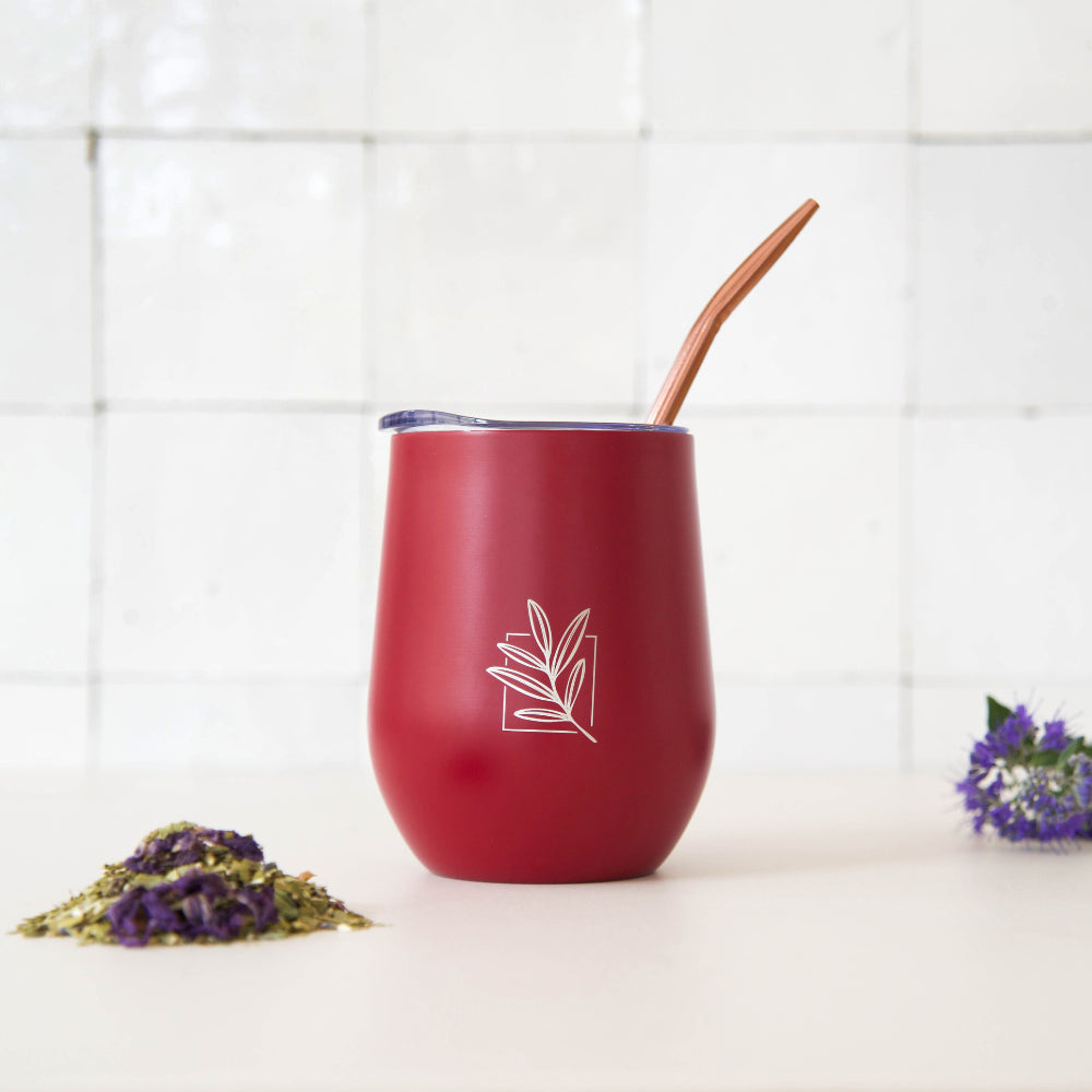 Ruby Red insulated cup and its bombilla for Mate, Tea & Coffee.