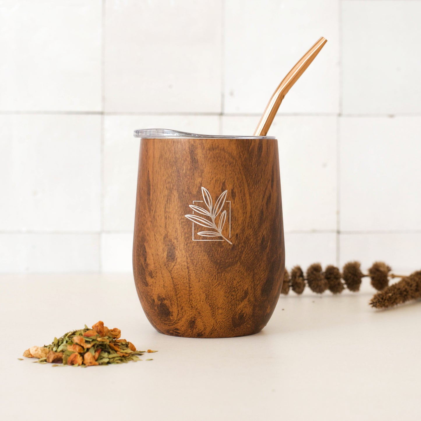 Wood effect insulated cup and its bombilla - for Mate, Tea or Coffee