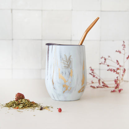 Marble & Gold Effect insulated cup and its bombilla for Mate, Tea & Coffee.